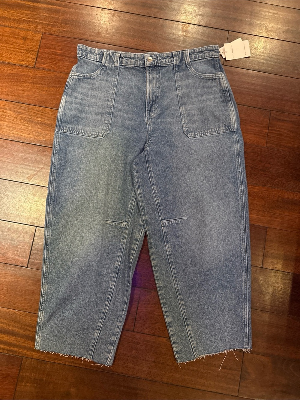 Free Assembly Darted Barrel Leg Wide Jeans Utilitarian Pockets Sz16 Raw Edge NTW